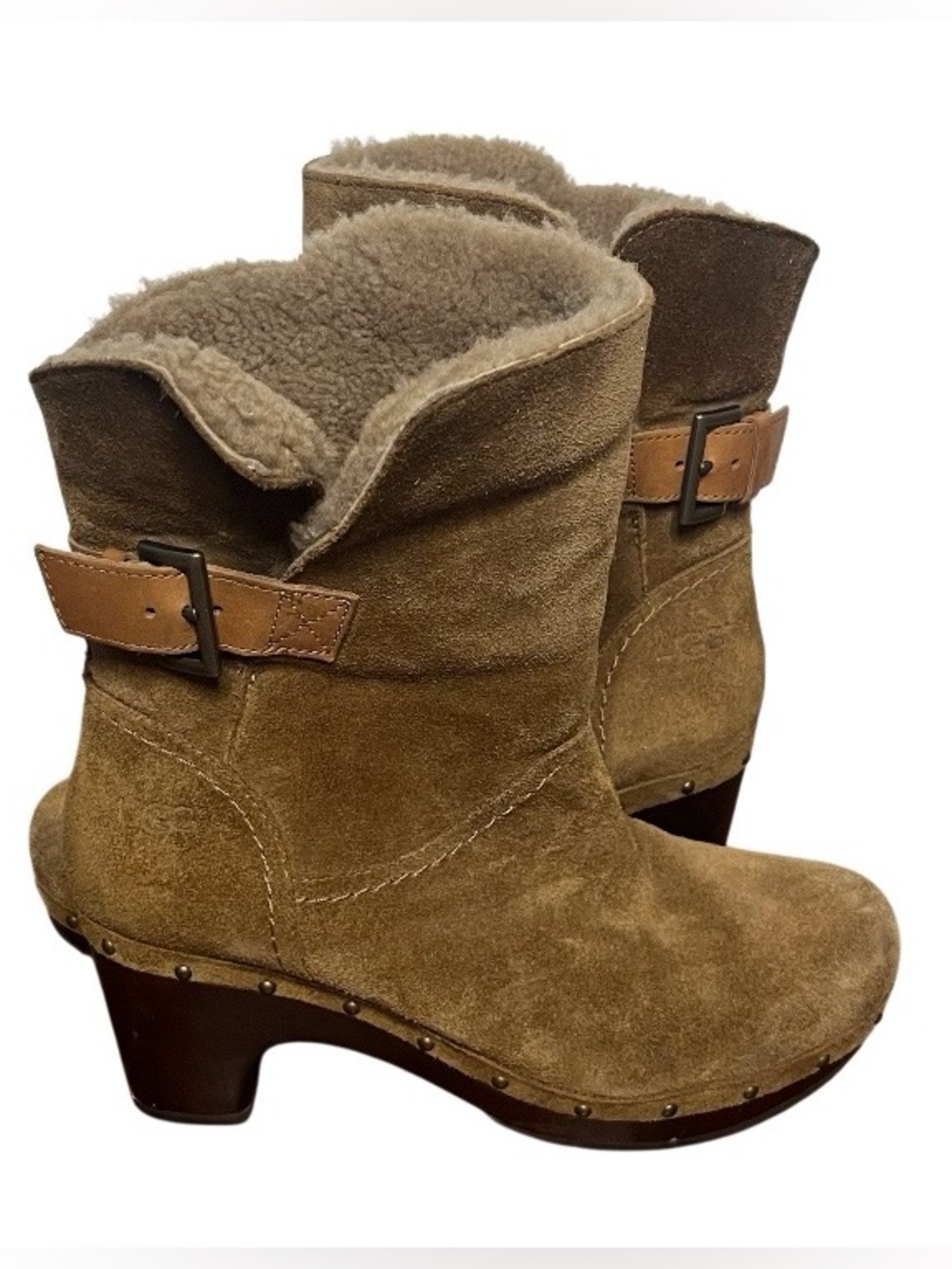 UGG AUSTRALIA Amoret Suede Shearling Booties Buckled Strap Wood Size 7